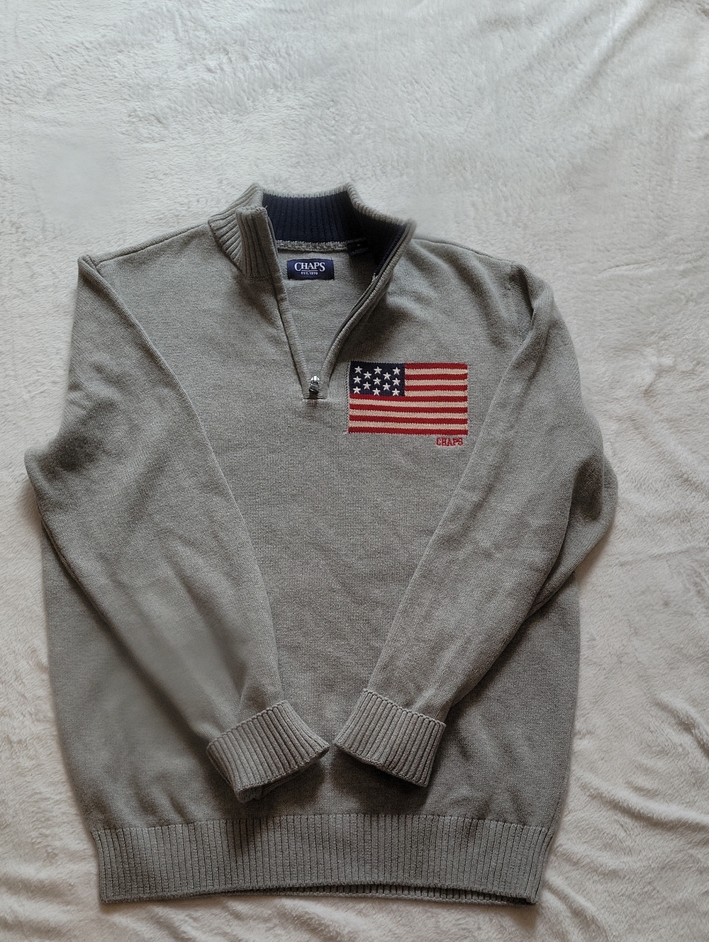 Chaps Men's Light Gray Quarter-Zip Sweater with Flag Patch